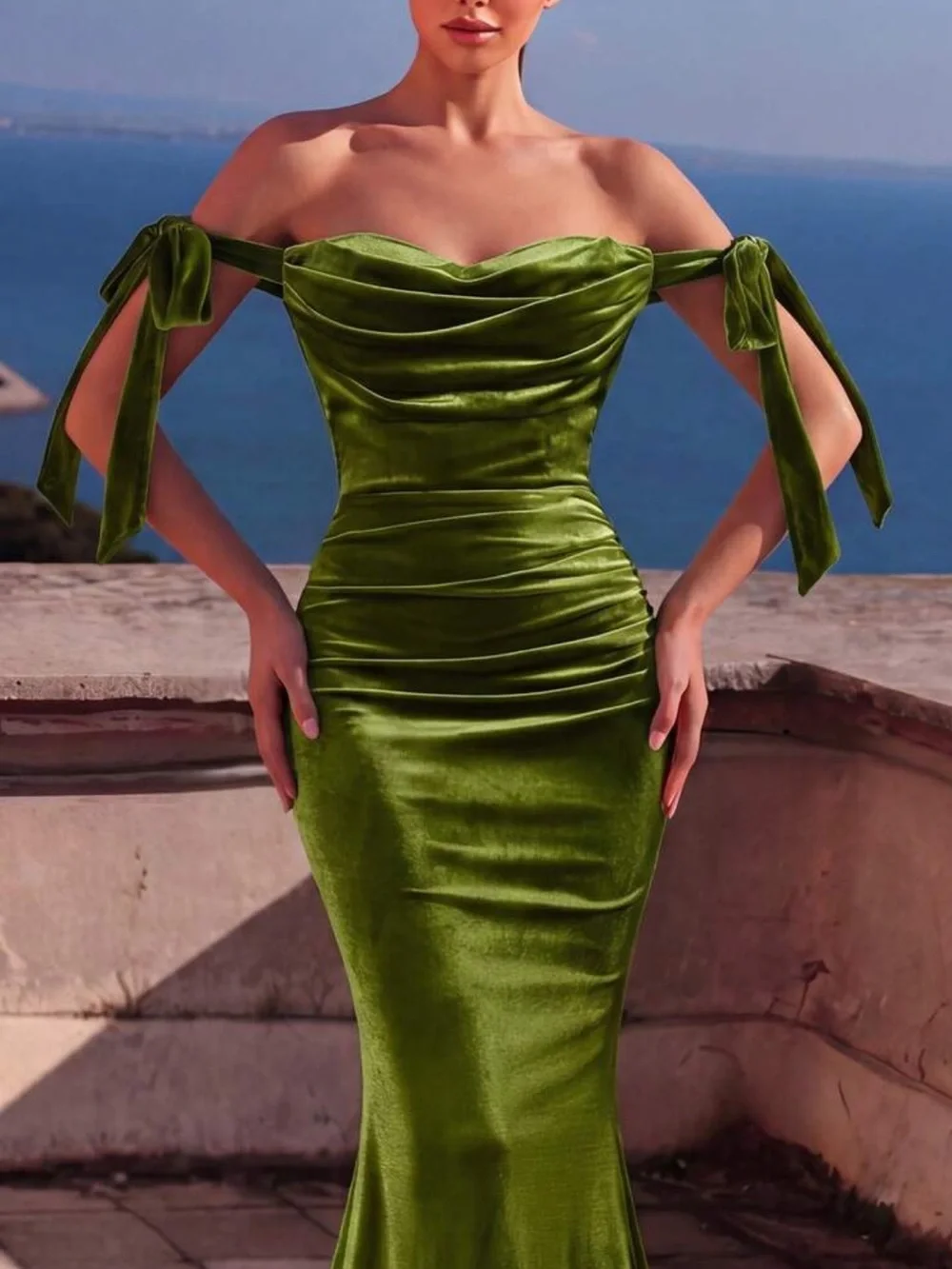 Off-Shoulder Olive Green Velvet Mermaid Evening Dress
